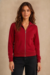 Women Hot Pink Cotton Blended German Velvet Full Zip | Standing Collar Winter Sweatshirt