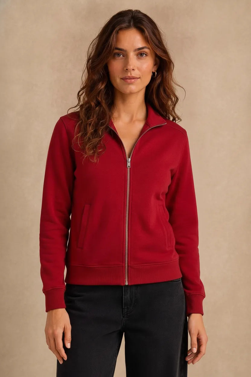 Women Hot Pink Cotton Blended German Velvet Full Zip | Standing Collar Winter Sweatshirt