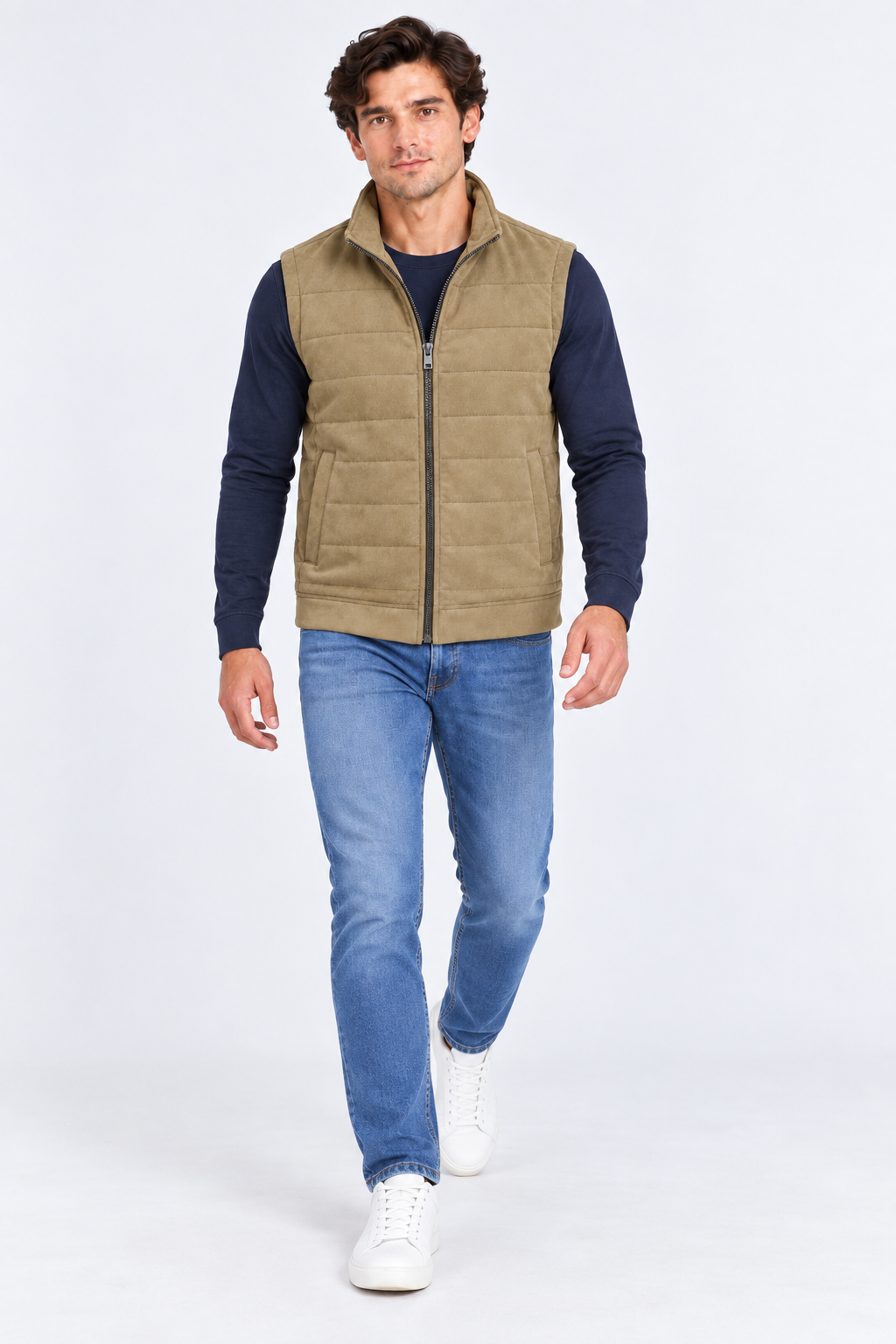 Men’s Khaki Quilted Knitted Suede Puffer Gilet – Regular Fit Full Zip Sleeveless Jacket