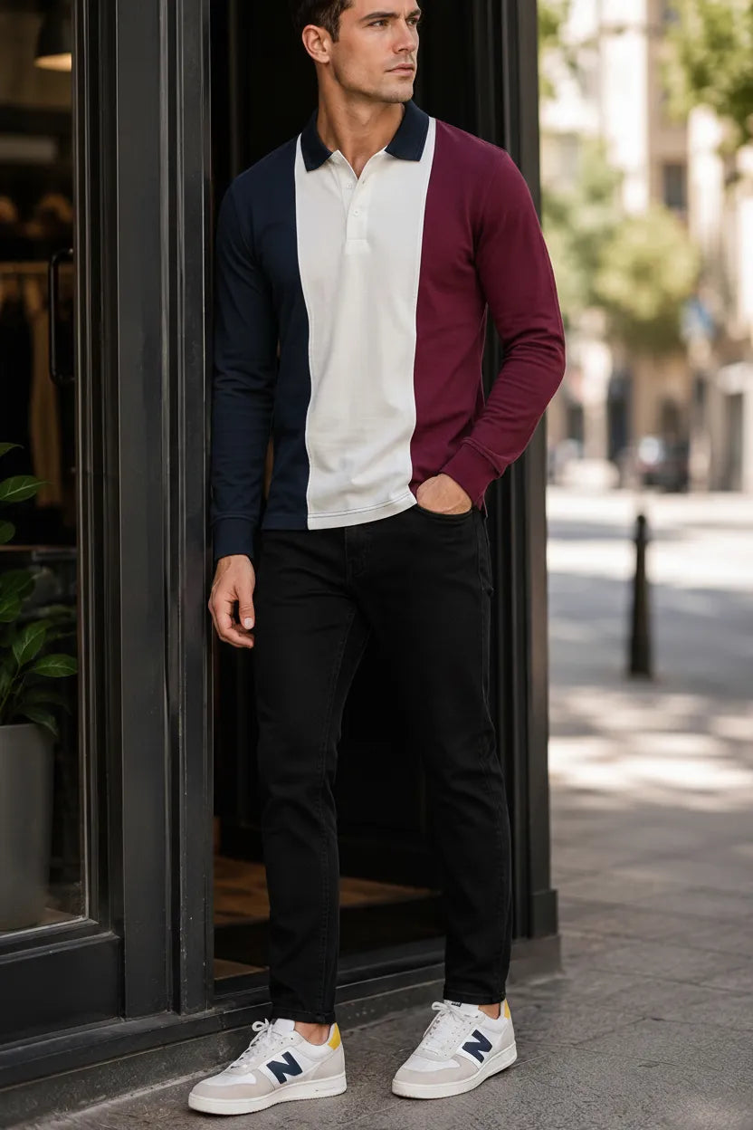Men’s Deep Merlot Colourblock Cotton Pique Polo Full-Sleeve Winter T-Shirt