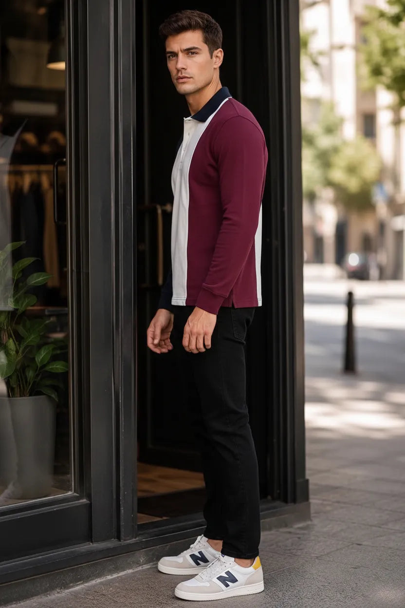 Men’s Deep Merlot Colourblock Cotton Pique Polo Full-Sleeve Winter T-Shirt