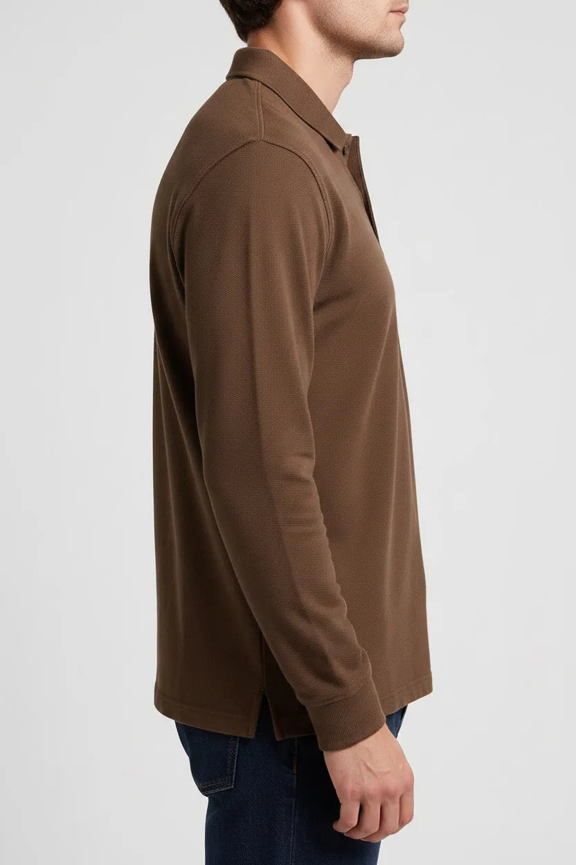 Men's Tan Full Sleeve Cotton Pique Polo T-Shirt | Premium Pre-Winter Casual Polo