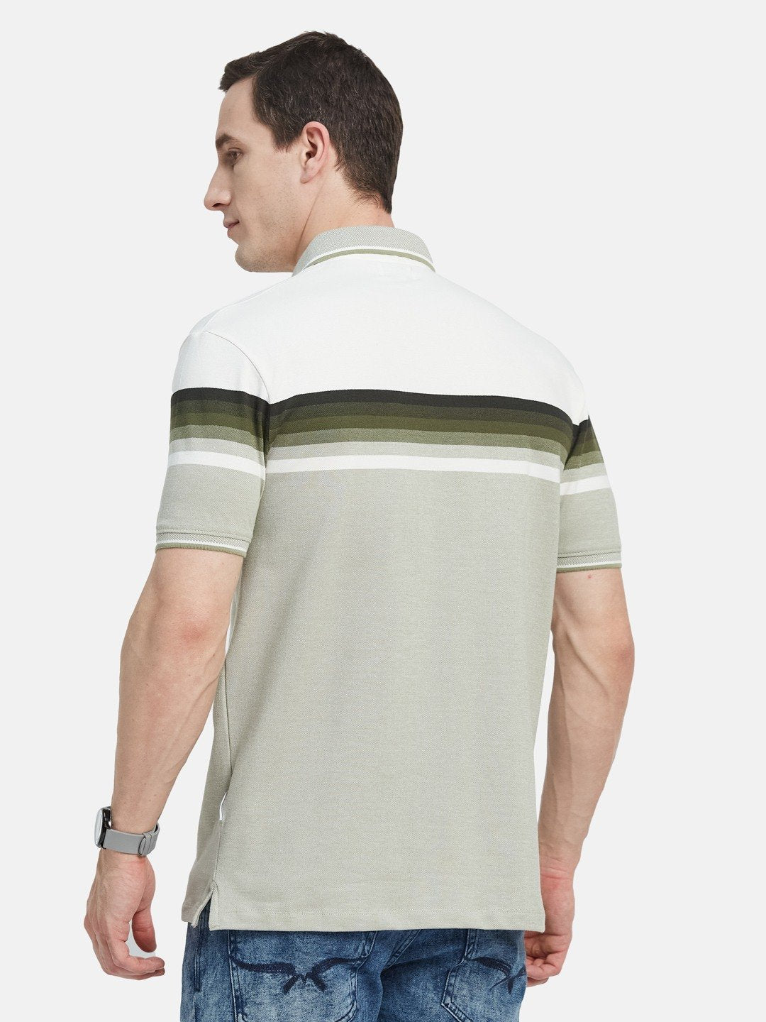 HORIZONTAL STRIPE POLO NECK PIQUE LYCRA  T-SHIRT