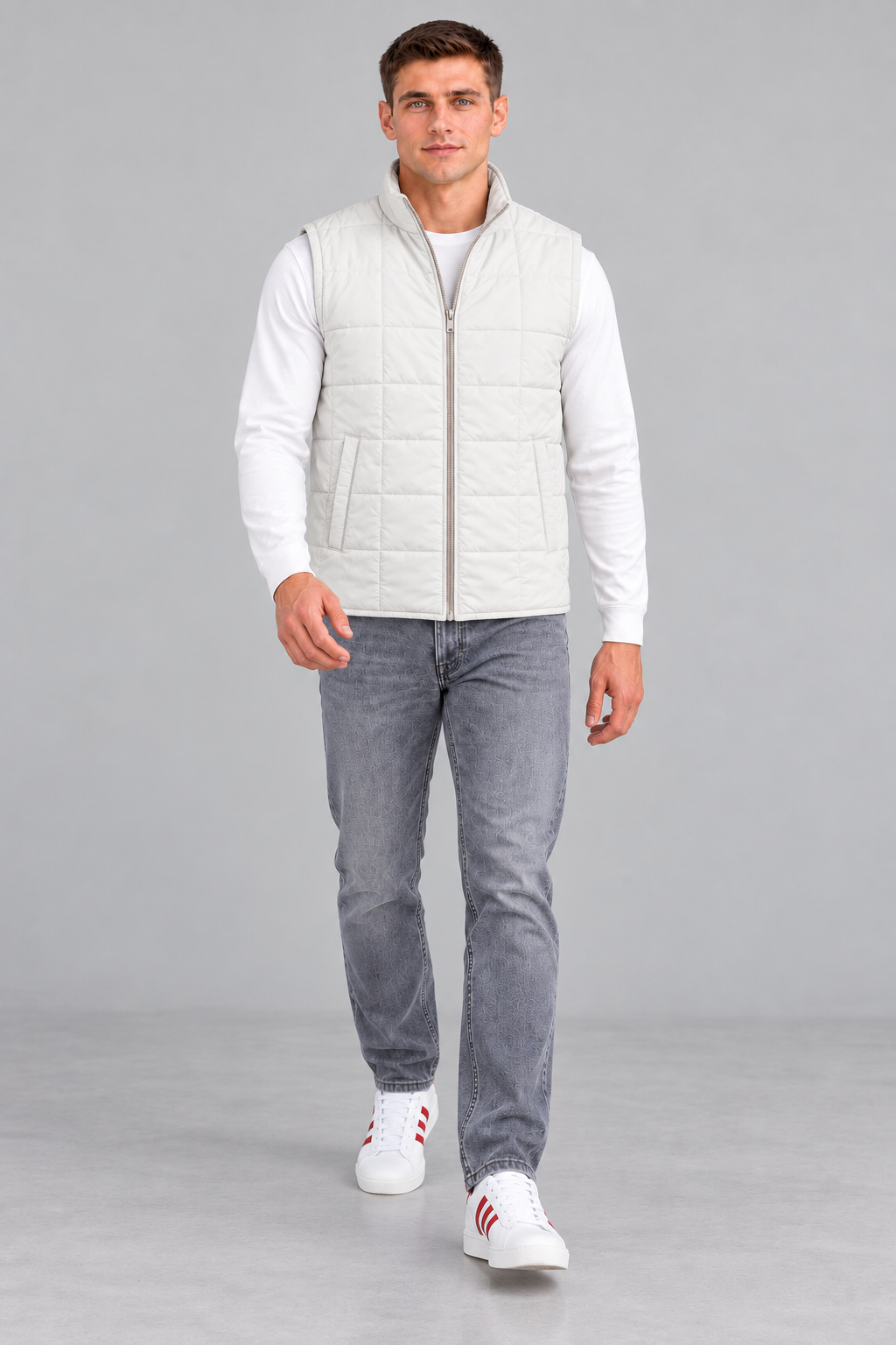 Men’s Beige Lightweight Reversible Woven Puffer Gilet – Regular Fit Sleeveless Jacket