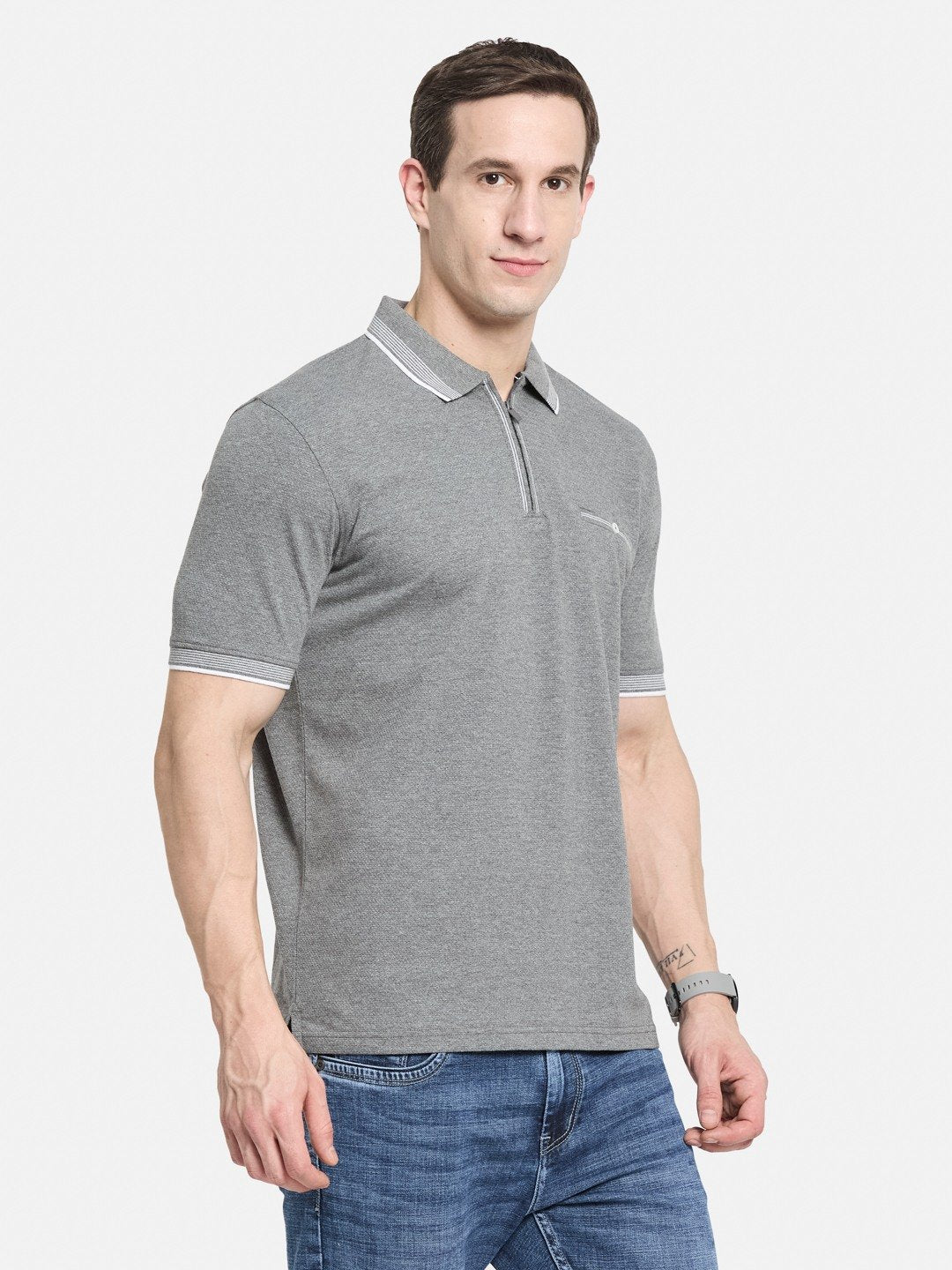 SOLID HALF-ZIP  POLO NECK POPCORN KNIT T-SHIRT