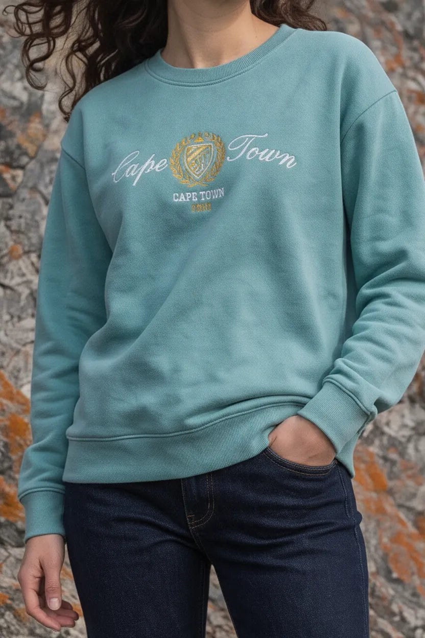 Women Light Teal Cotton Blended Suede Crew Neck | Full Sleeves Winter Sweatshirt