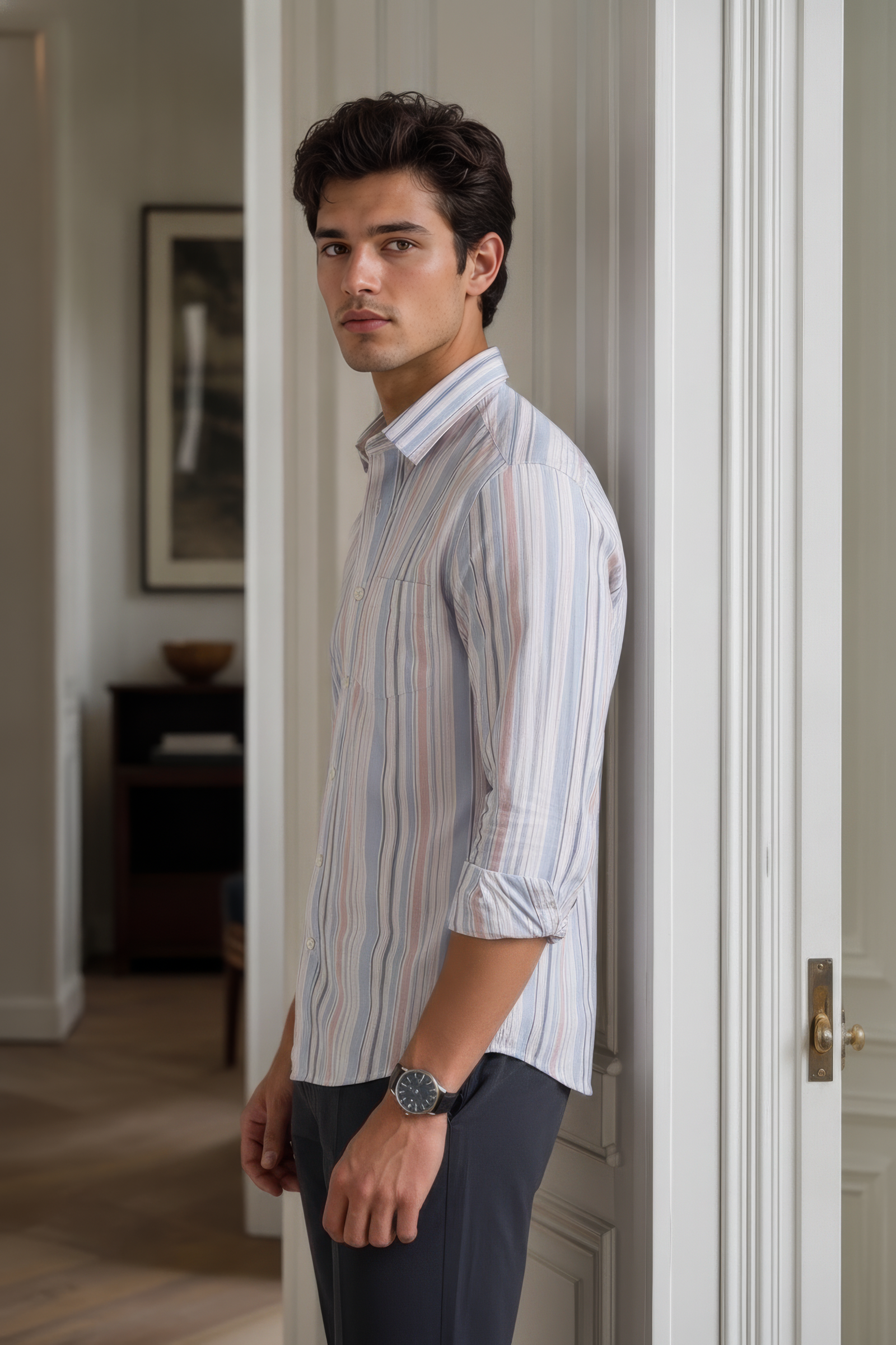 Men’s Sky Blue Vertical Striped Oxford Shirt