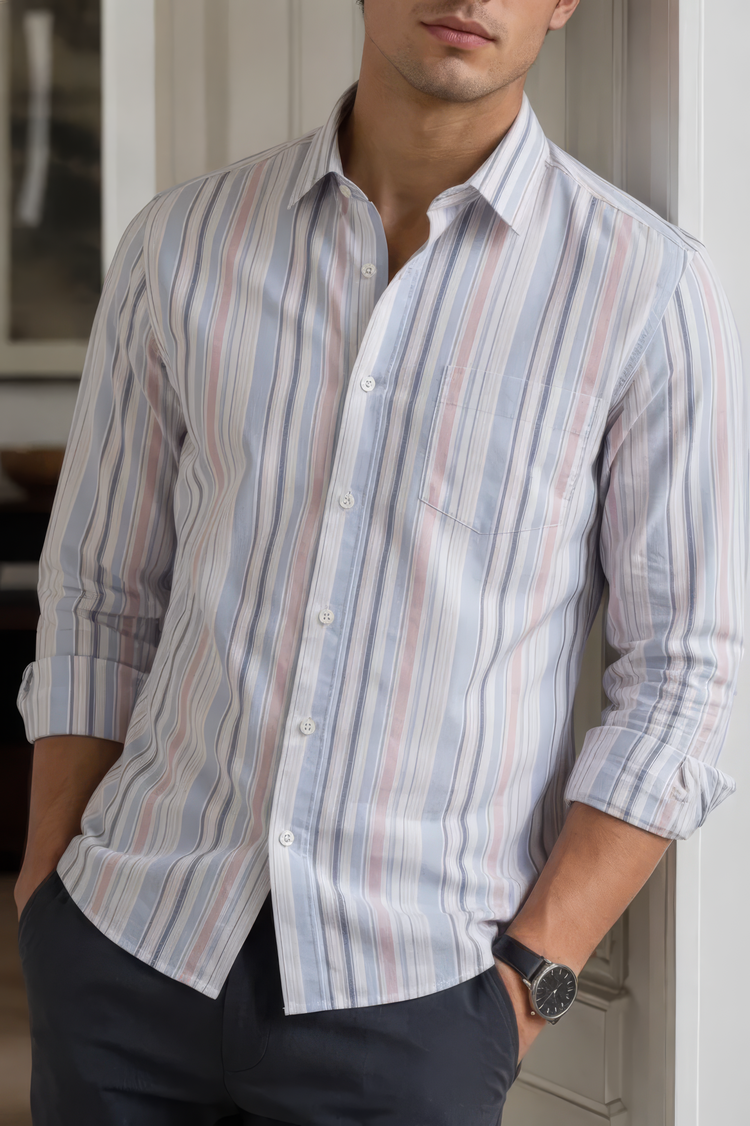 Men’s Sky Blue Vertical Striped Oxford Shirt