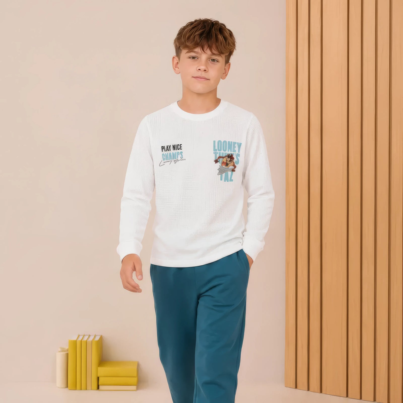 Junior Boys Marvel Off-White Seer Sucker Full Sleeve Pre-Winter T-Shirt – Regular Fit with Back Graphic Print