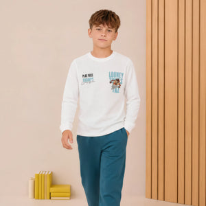 Junior Boys Marvel Off-White Seer Sucker Full Sleeve Pre-Winter T-Shirt – Regular Fit with Back Graphic Print