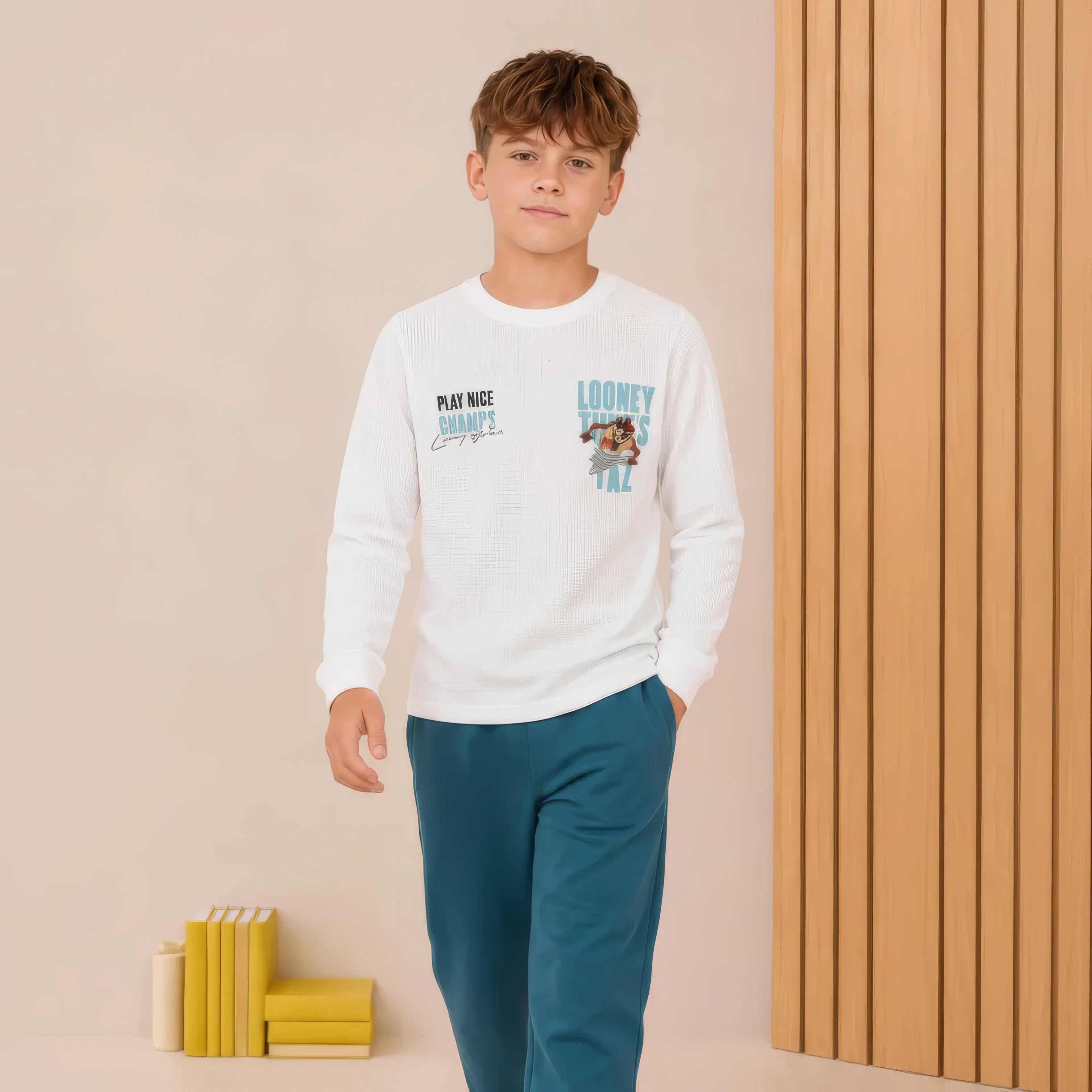 Junior Boys Marvel Off-White Seer Sucker Full Sleeve Pre-Winter T-Shirt – Regular Fit with Back Graphic Print