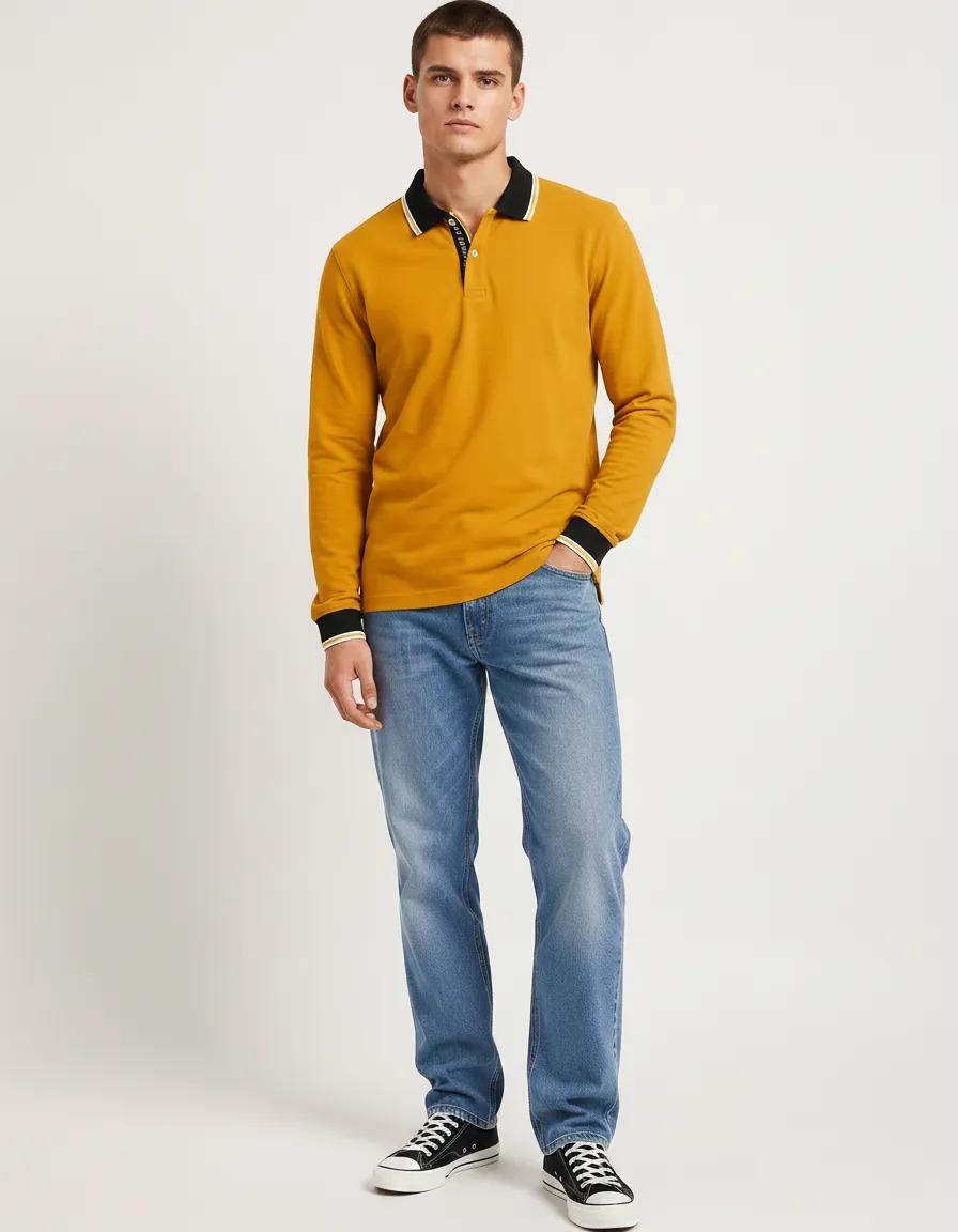 Men’s Mustard Full Sleeve Polo T-Shirt – Cotton Blend Lycra Stretch  | Contrast Collar