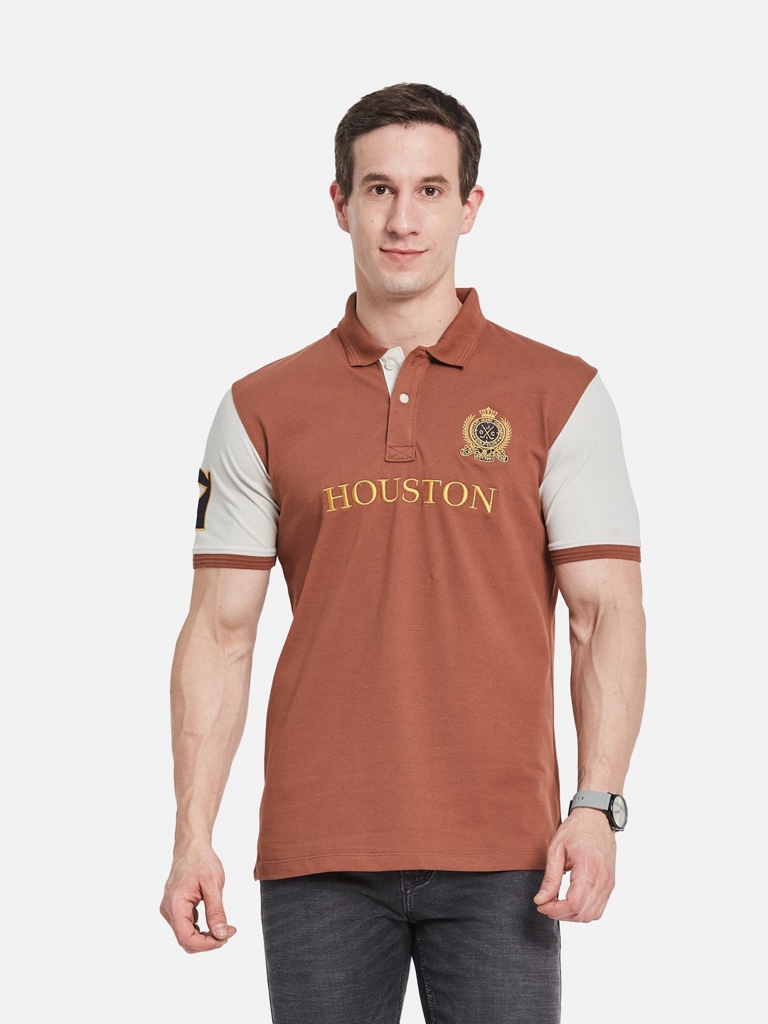 CHEST PRINT POLO NECK EMBROIDED APPLIQUE PIQUE LYCRA T-SHIRT