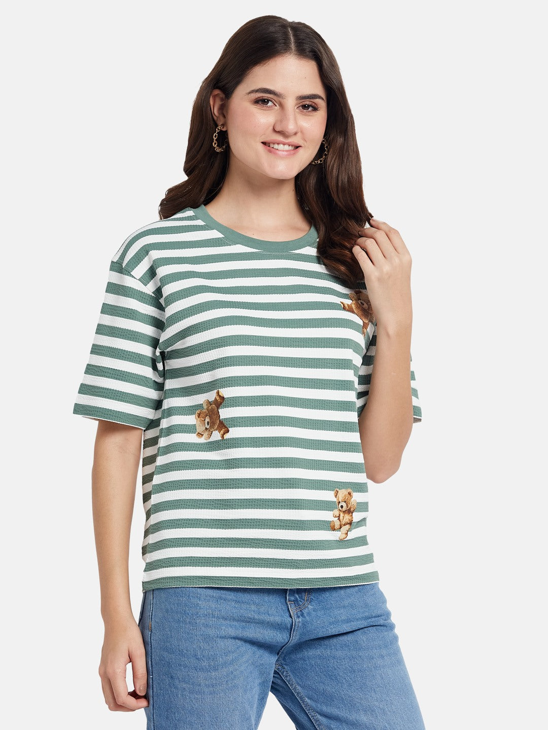 METTLE Striped Printed Round Neck Casual T-shirt