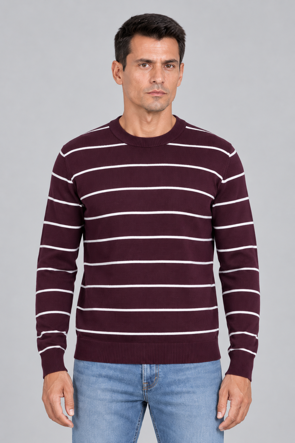 Men’s Dark Wine Cotton Striped Sweater – Regular Fit Crew Neck Full Sleeve Knitted Pullover