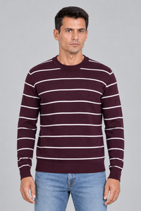Men’s Dark Wine Cotton Striped Sweater – Regular Fit Crew Neck Full Sleeve Knitted Pullover
