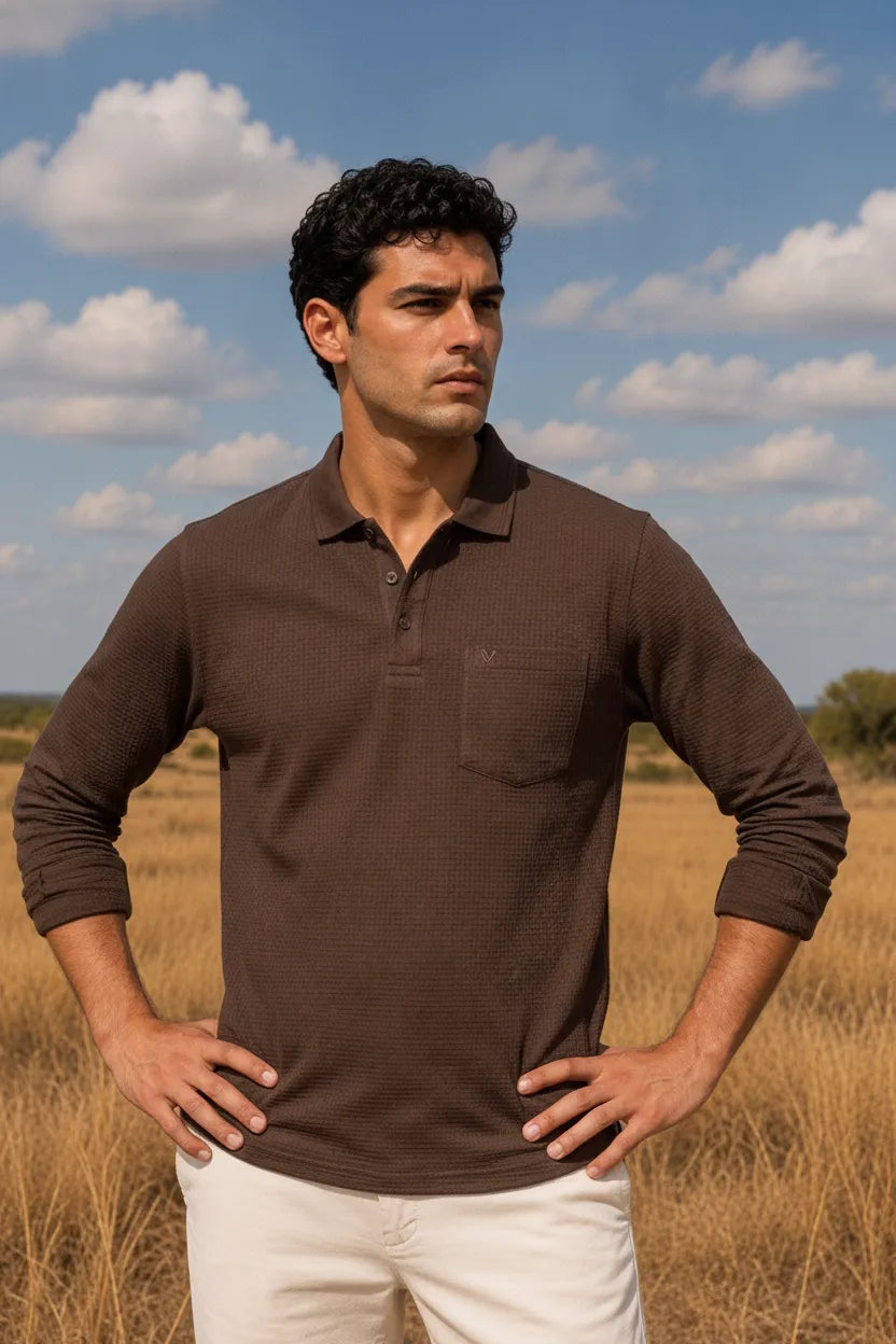 Men's Linen Melange Structured Cotton Full Sleeve Polo T-Shirt | Waffle Textured Pre-Winter