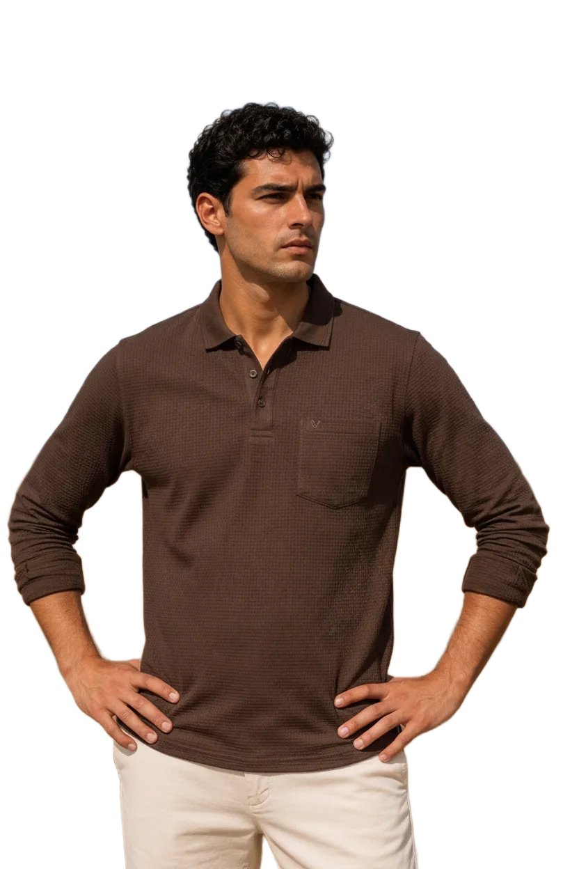 Men's Linen Melange Structured Cotton Full Sleeve Polo T-Shirt | Waffle Textured Pre-Winter