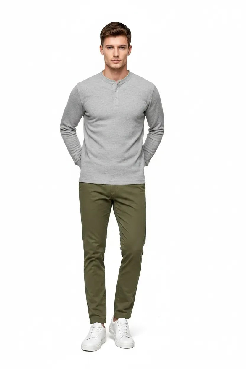 Men’s Linen Melange Seersucker Henley Collar Full-Sleeve Winter T-Shirt