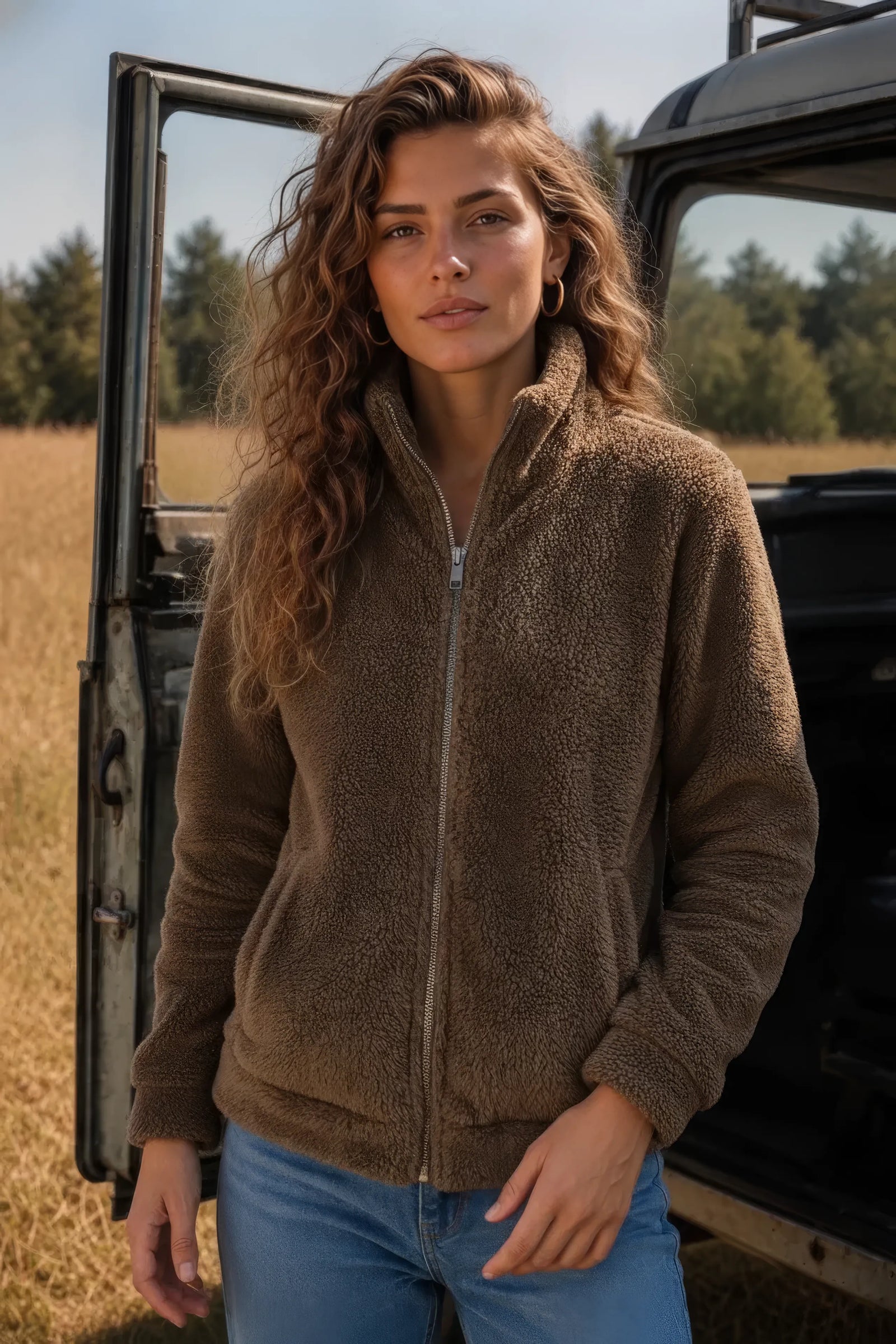 Women Tan Double Sided Coral Fur Full Zip | Soft Winter Sweatshirt