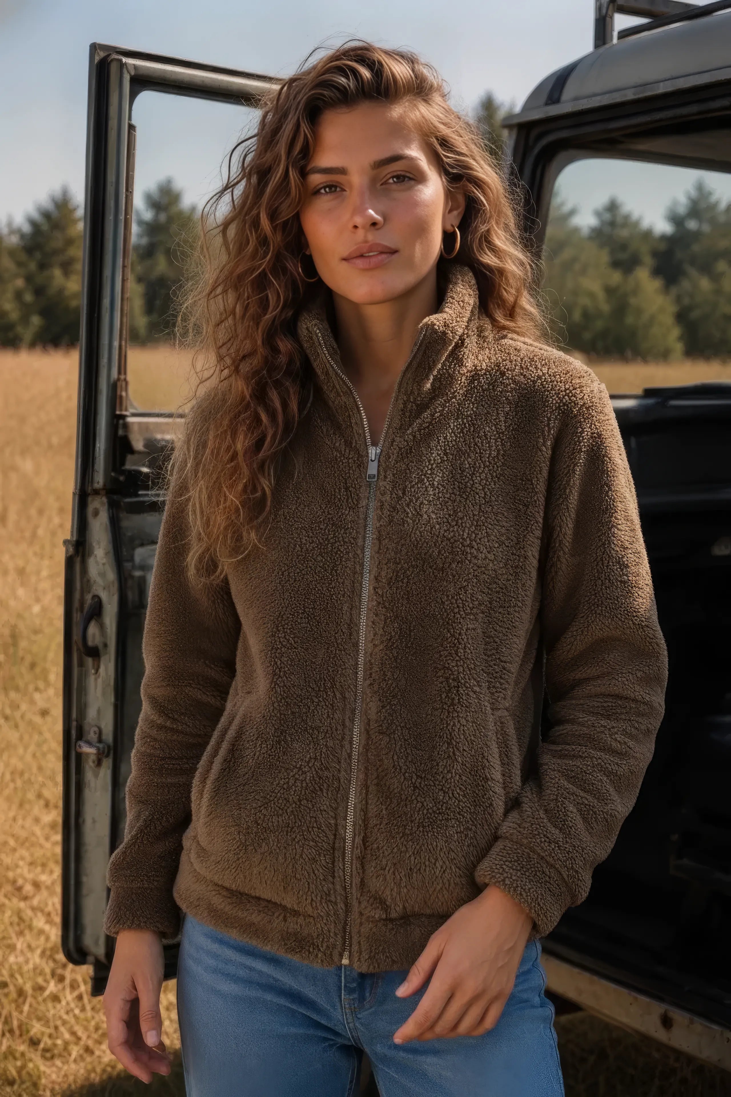 Women Tan Double Sided Coral Fur Full Zip | Soft Winter Sweatshirt
