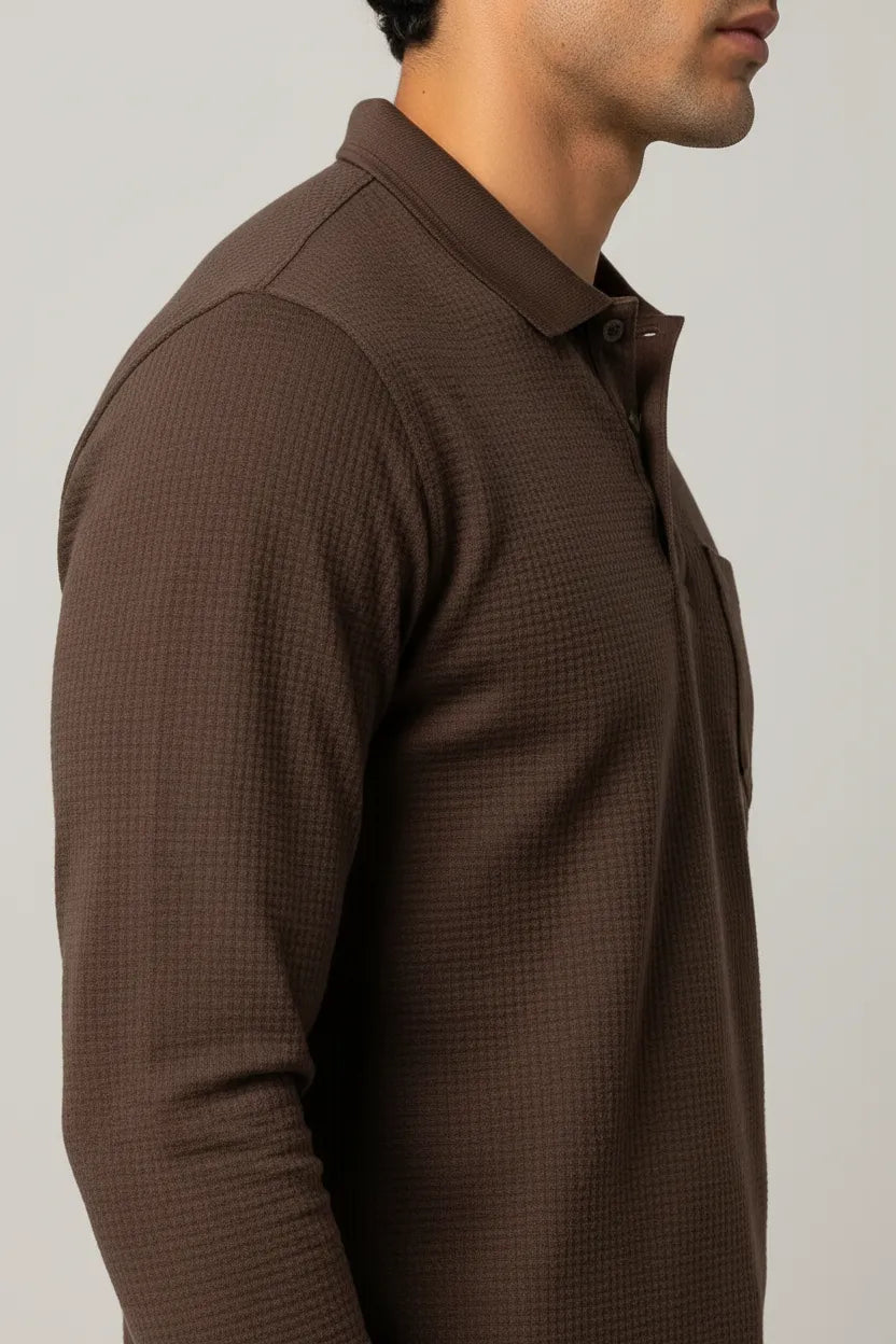 Men's Linen Melange Structured Cotton Full Sleeve Polo T-Shirt | Waffle Textured Pre-Winter