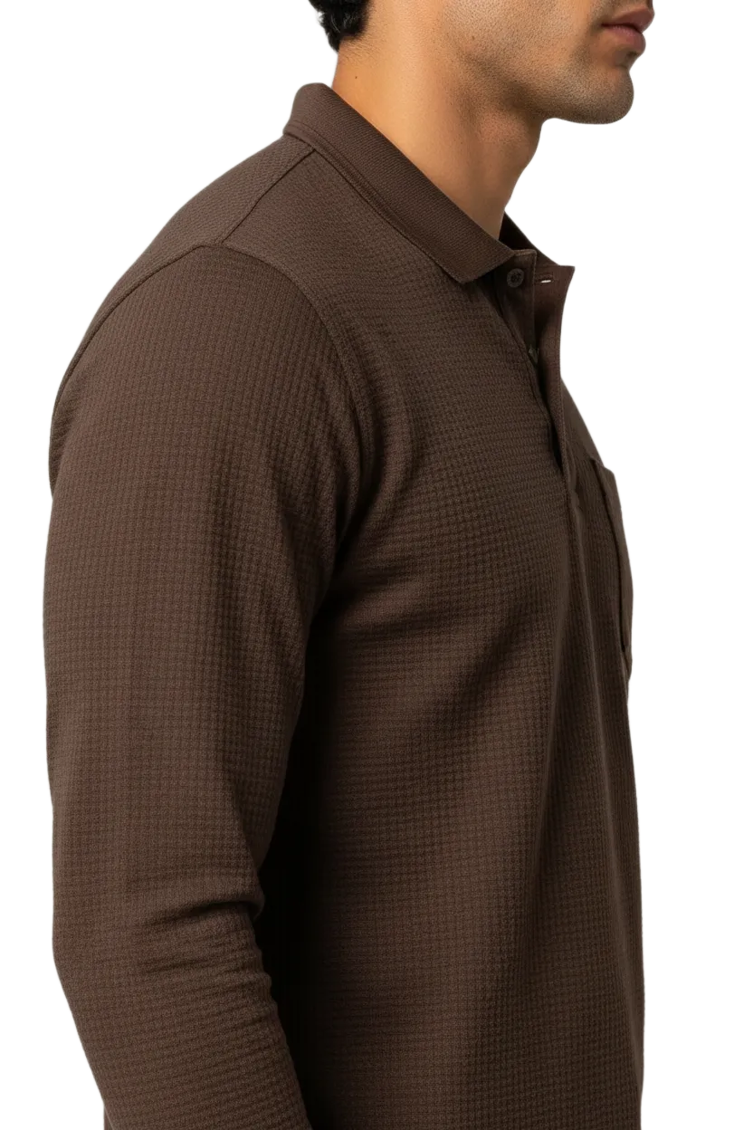 Men's Linen Melange Structured Cotton Full Sleeve Polo T-Shirt | Waffle Textured Pre-Winter