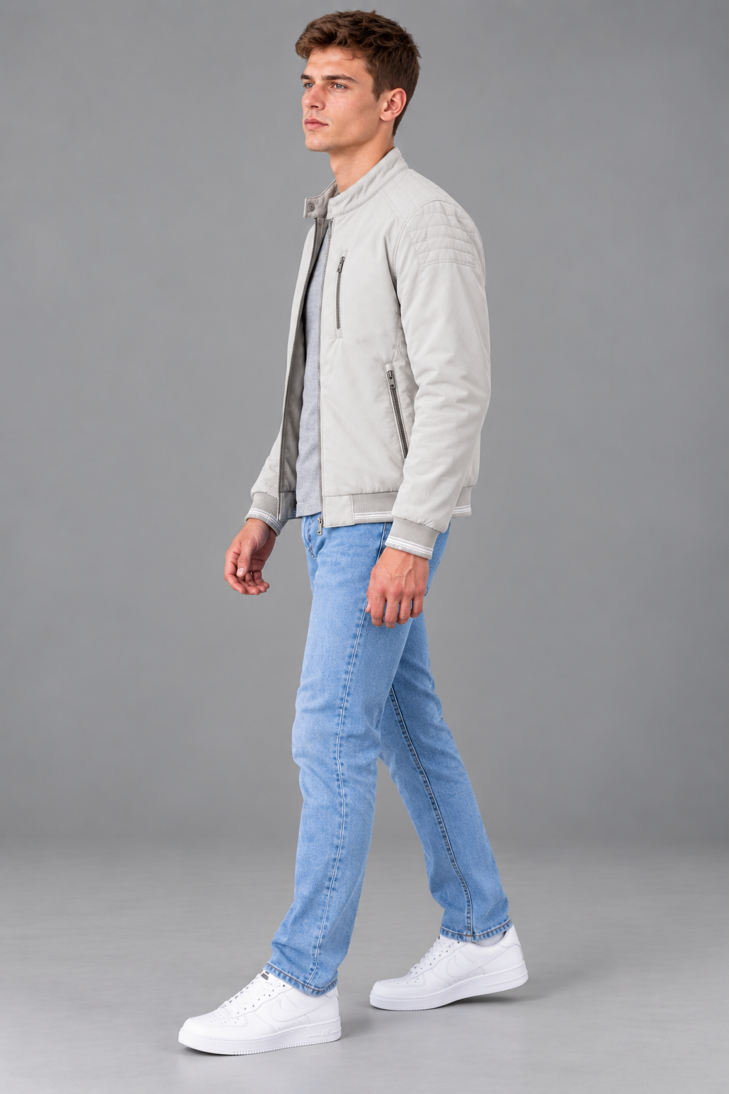 Men’s Regular Fit Woven Full-Zip Jacket with Stand Collar & Zip Pockets – Beige