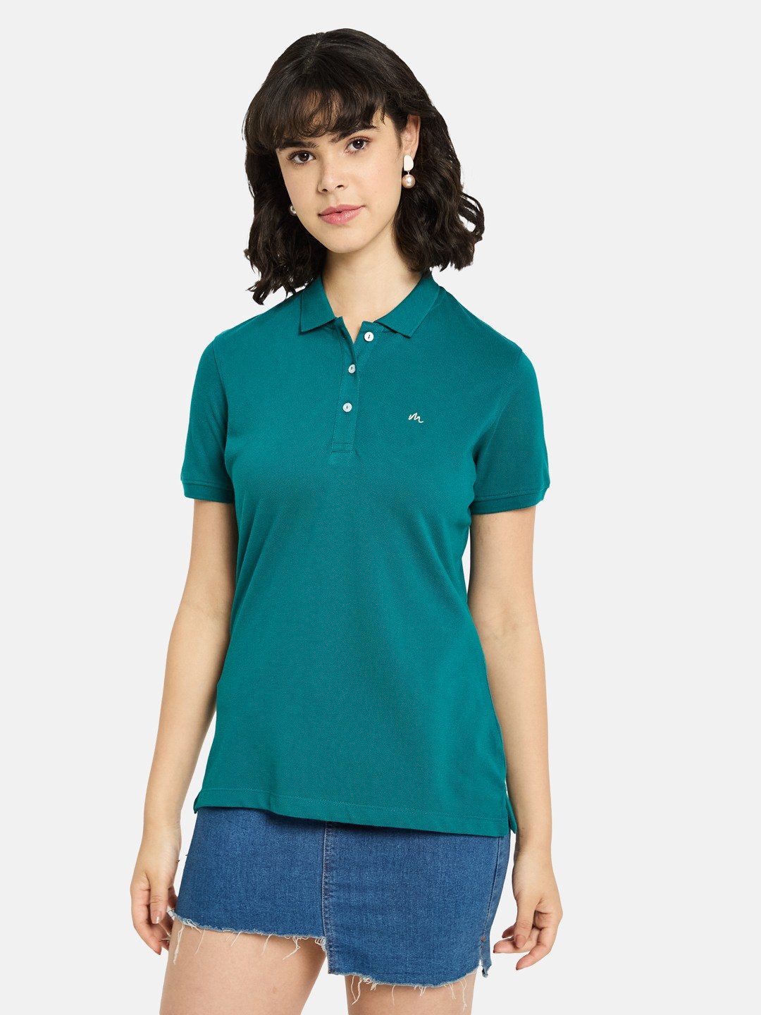 METTLE Women Solid Polo Collar Cotton T-shirt