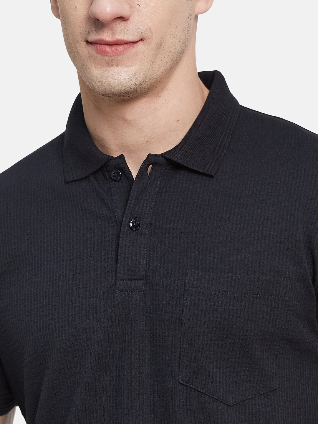 SOLID POLO NECK FRONT OPEN POCKET  SEER SUCKER T-SHIRT