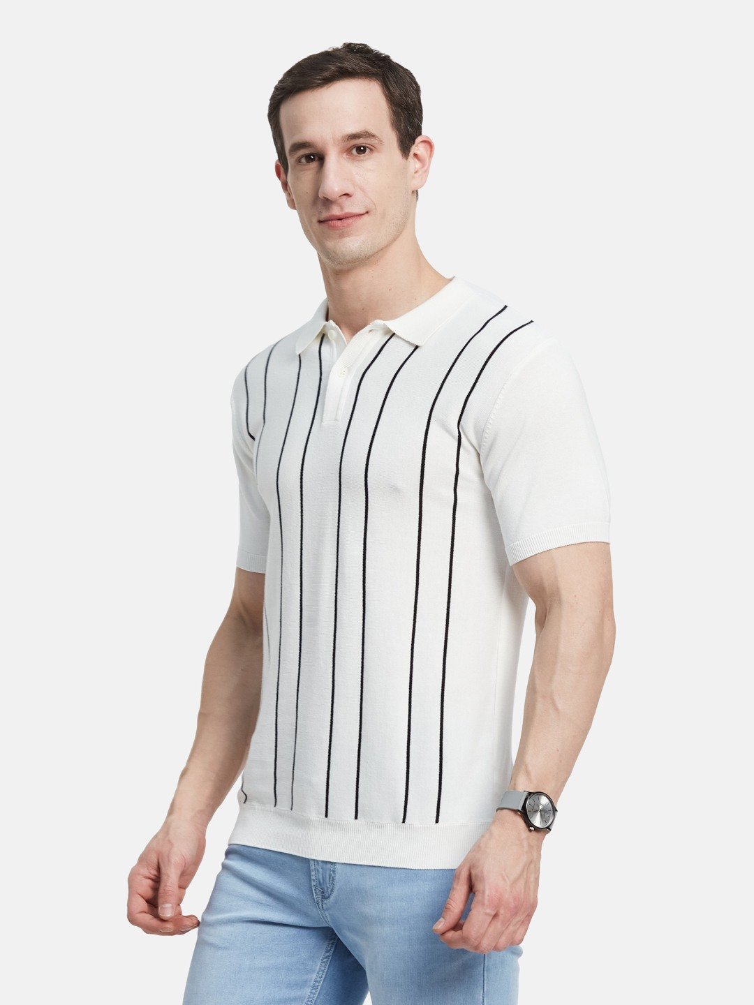 METTLE Men Striped Polo Collar Cotton T-shirt