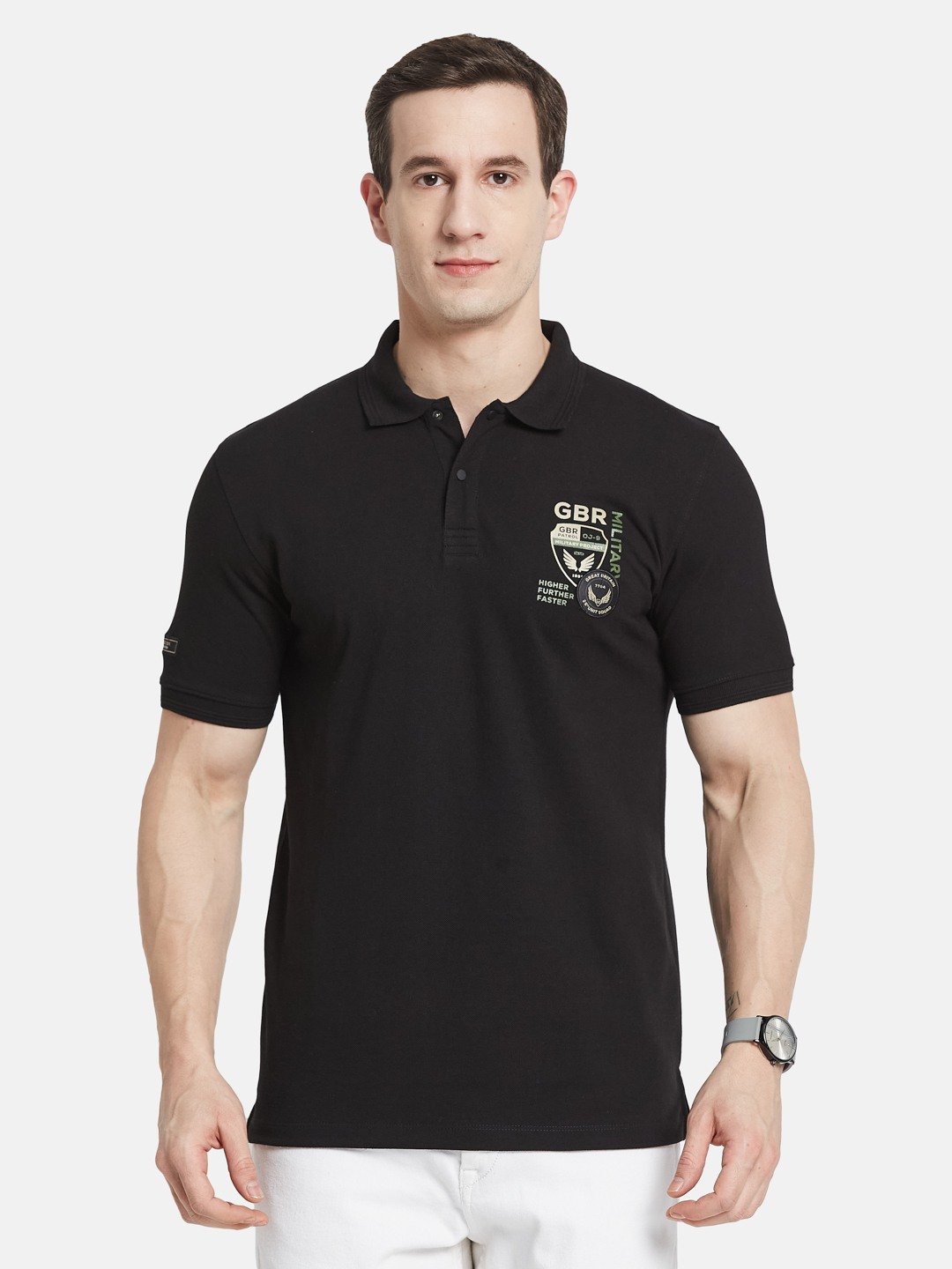 SOLID POLO NECK PIQUE MILLITARY APPLIQUED T-SHIRT