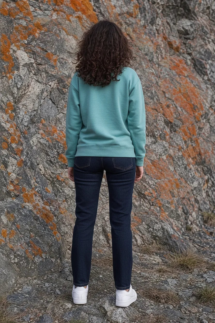 Women Light Teal Cotton Blended Suede Crew Neck | Full Sleeves Winter Sweatshirt