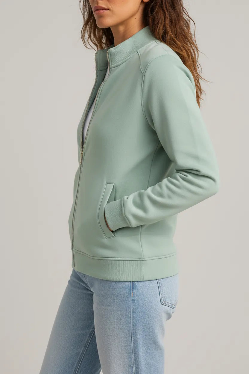 Women Desert Sage Cotton Blended German Velvet Full Zip | Standing Collar Winter Sweatshirt