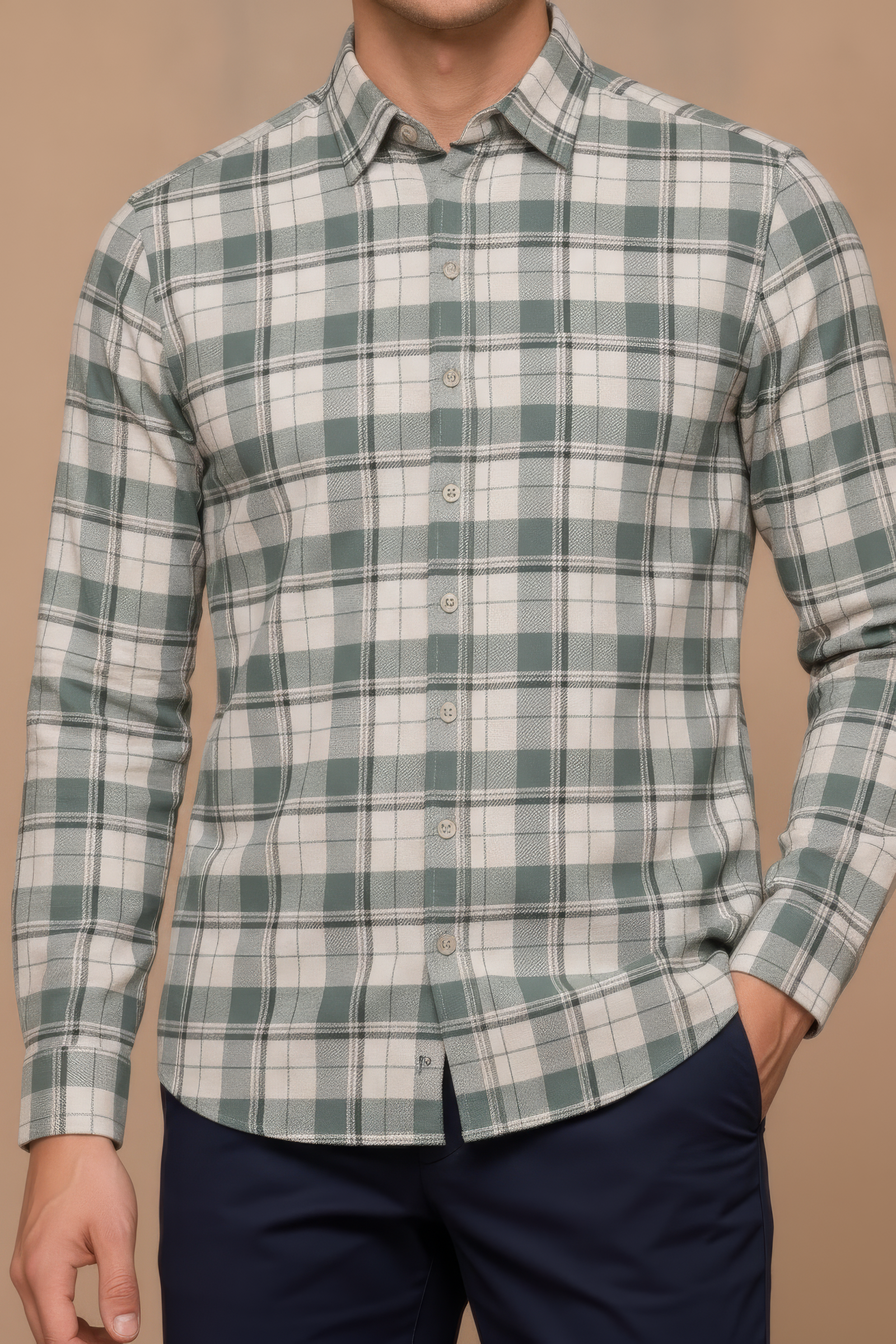 Men’s Fern Green Check Oxford Cotton Full-Sleeve Shirt