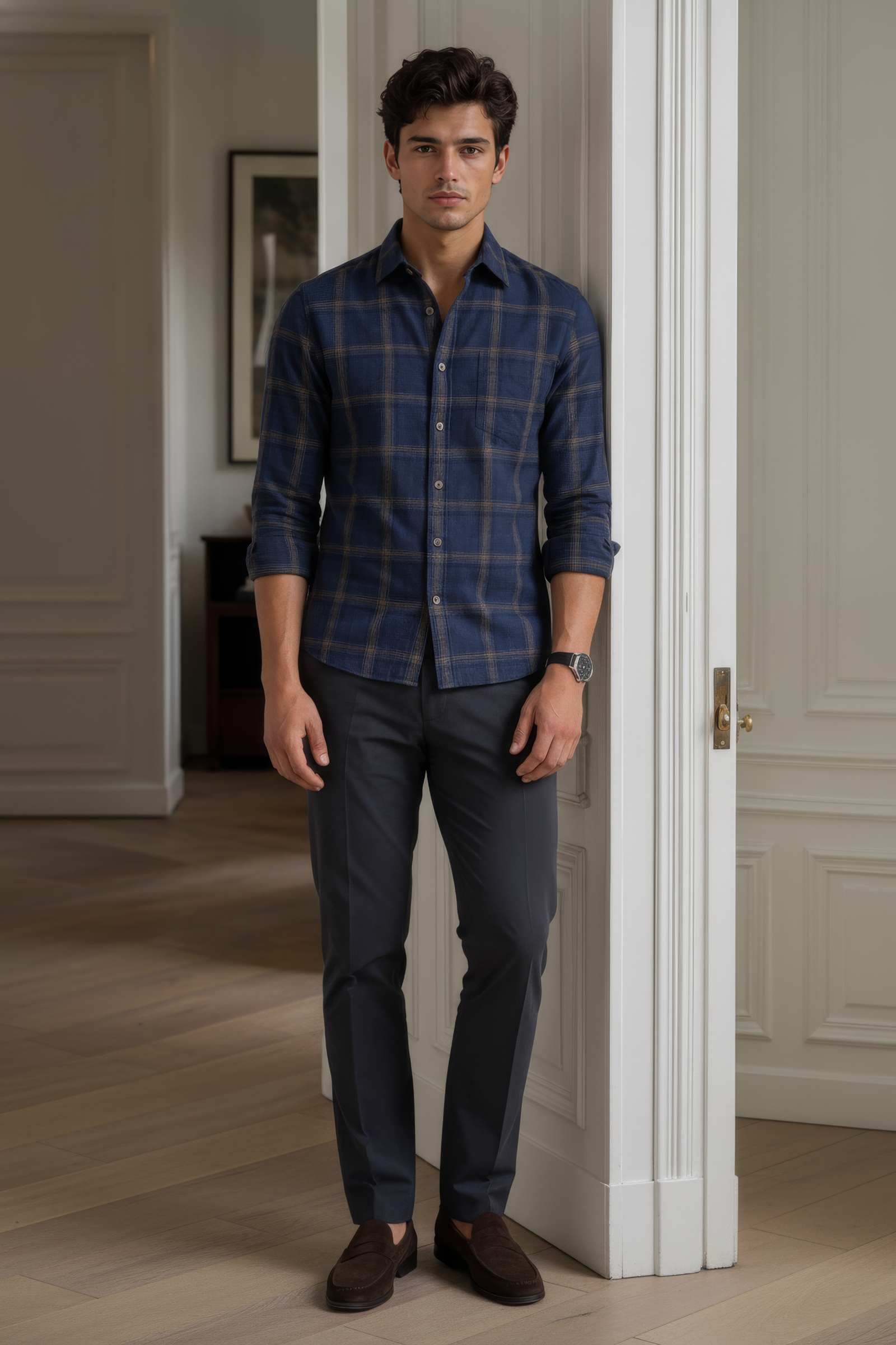 Men’s Navy Check Corduroy Cotton Full-Sleeve Shirt