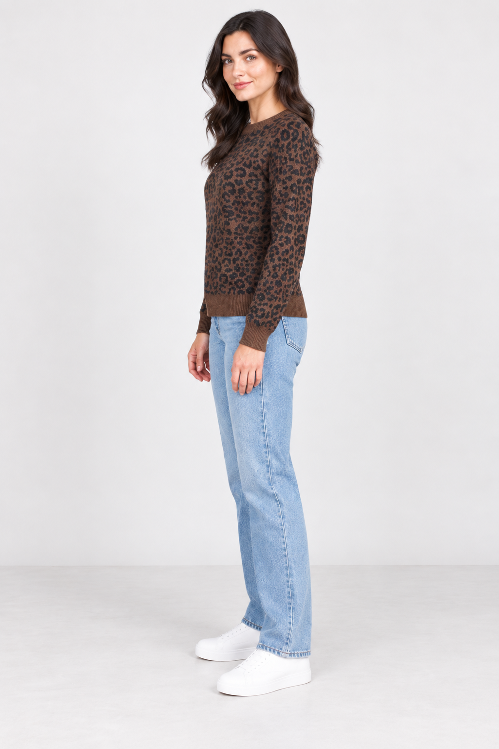 Women’s Coffee Knitted Wool Animal Print Sweater – Regular Fit Crew Neck