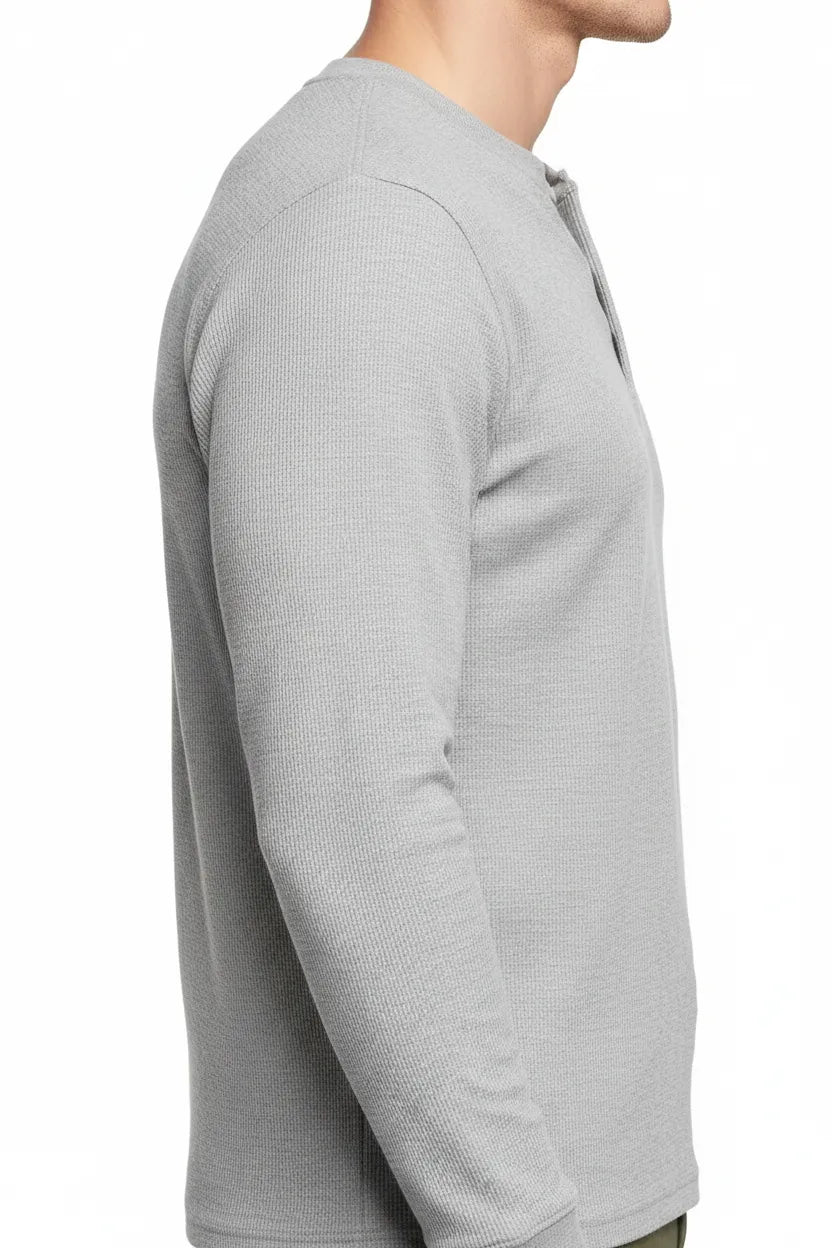 Men’s Linen Melange Seersucker Henley Collar Full-Sleeve Winter T-Shirt
