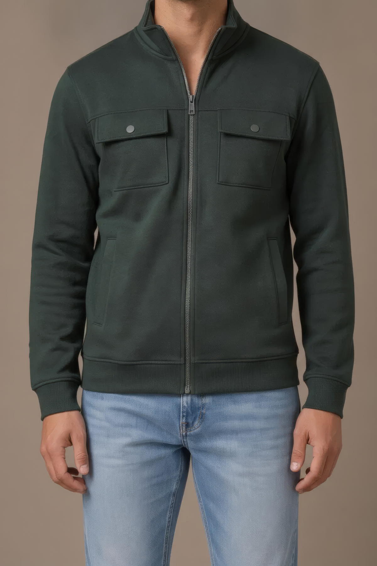 Men’s Dark Olive Full Zip with Stand Collar & Utility Pockets