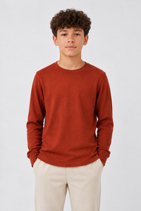 Junior Boys Rust Seersucker Full Sleeve Pre-Winter T-Shirt – Regular Fit Round Neck