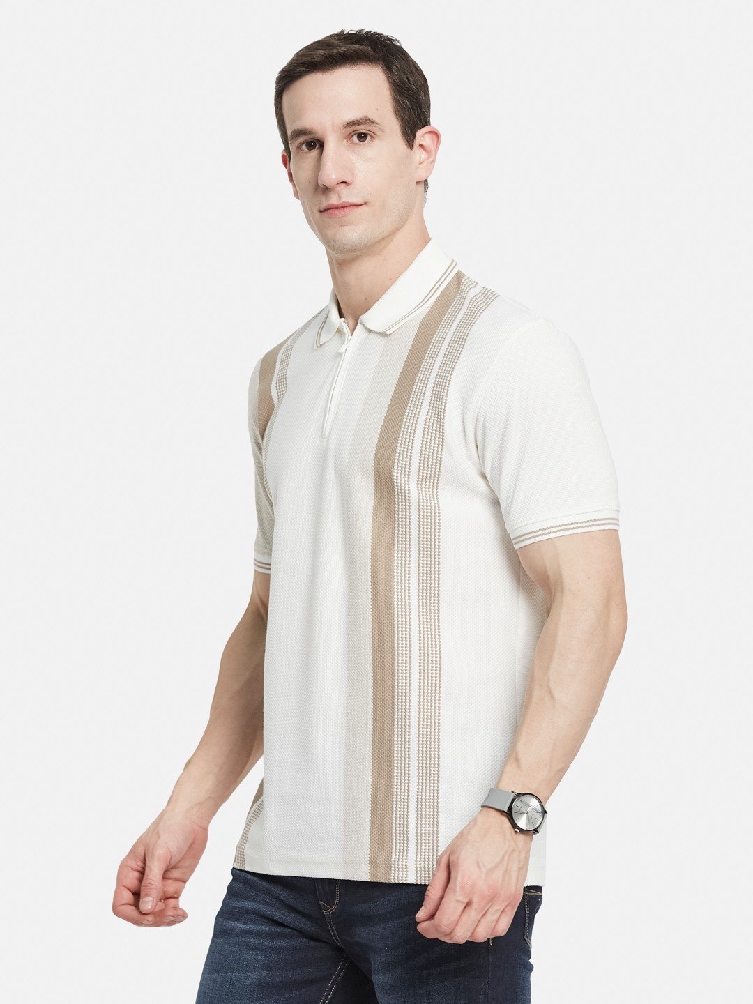 VERTICAL STRIPE  HALF-ZIP POLO NECK POPCORN KNIT LYCRA  T-SHIRT