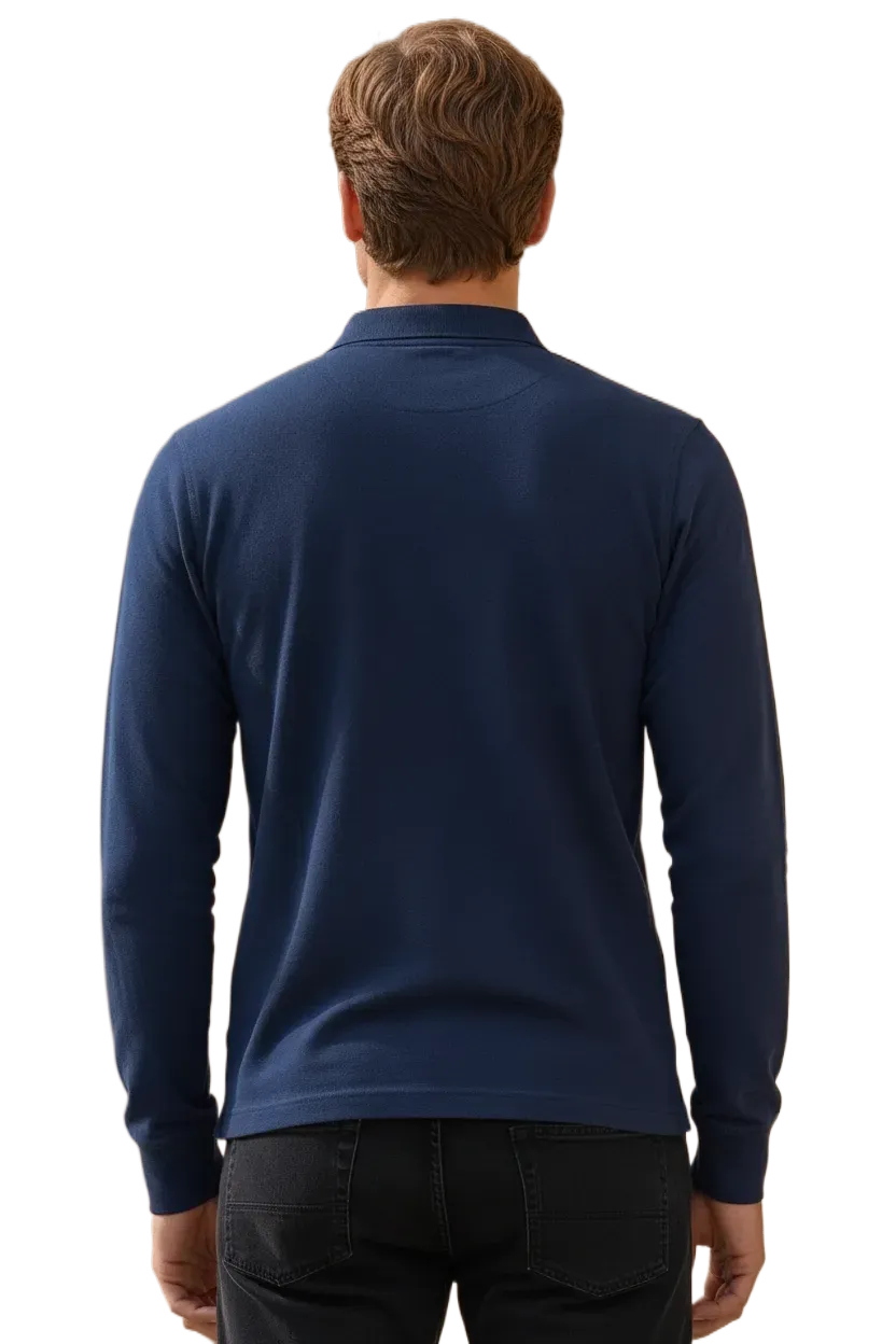 Men’s Navy Pique Lycra Polo Neck Full-Sleeve Winter T-Shirt