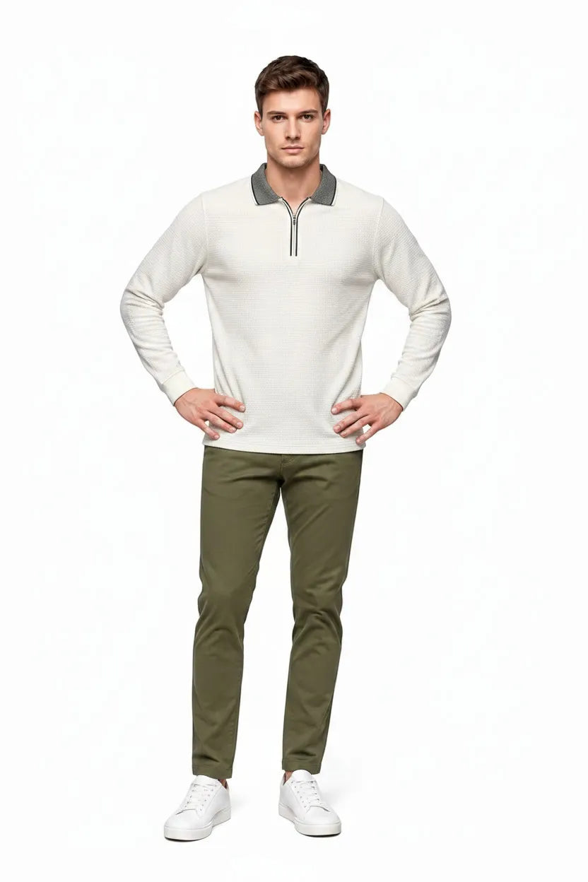 Men's Off White Structured Cotton Half-Zip Polo T-Shirt | Full Sleeve Textured Pre-Winter