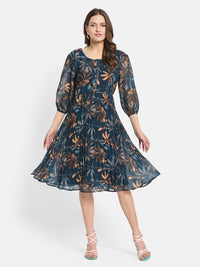 METTLE  Women Floral Print Puff Sleeve Fit & Flare Dress