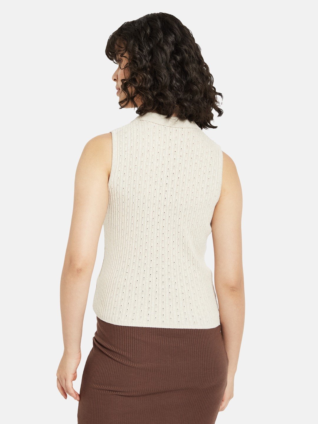 METTLE Women Self Design Shirt Collar Sleeveless Top