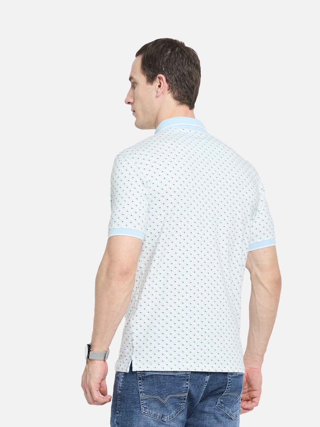 AOP MOTIF PRINT  POLO NECK SINGLE JERSEY KNIT LYCRA T-SHIRT
