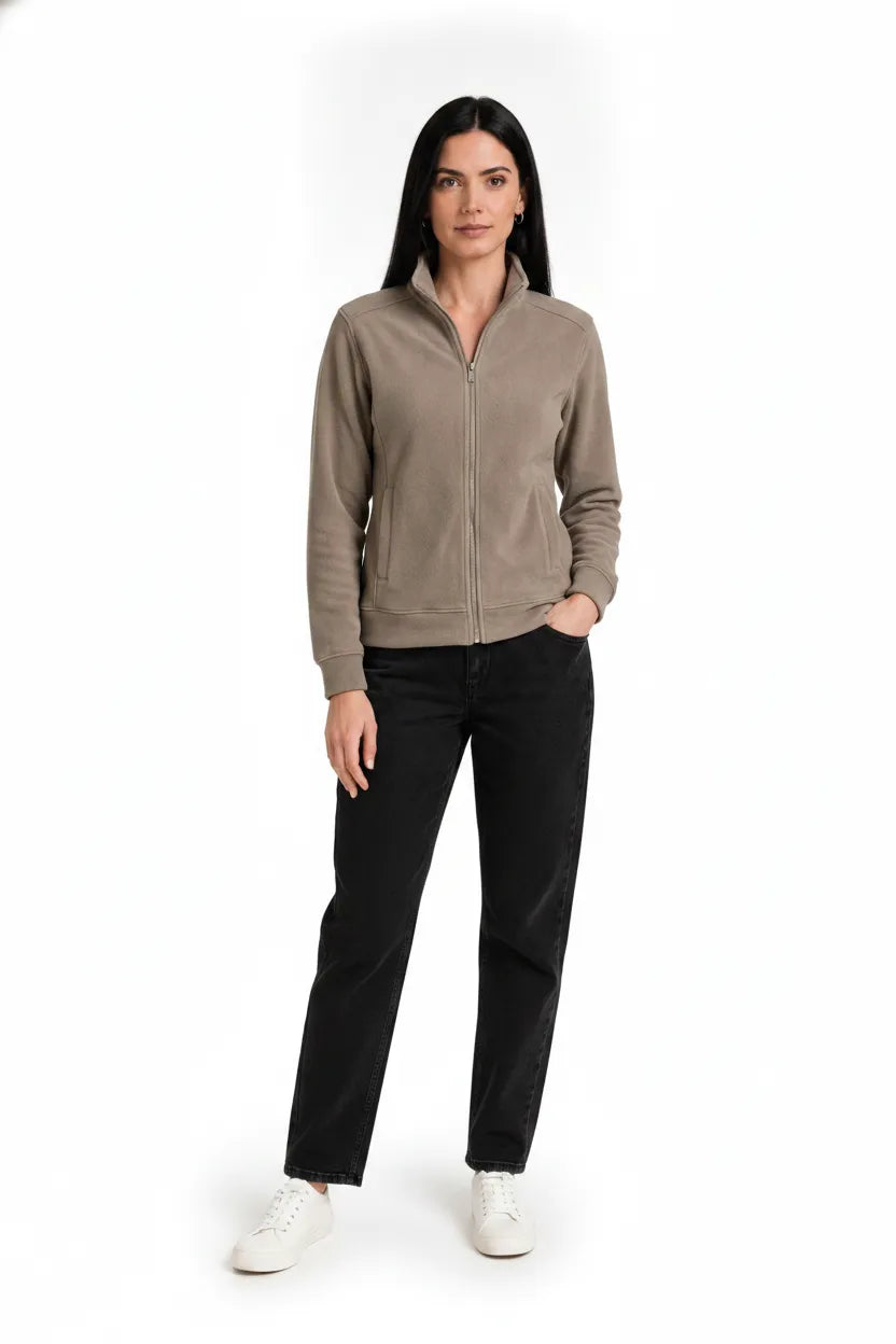 Women Natural Milange Cotton Blended German Velvet Full Zip | Standing Collar Winter Sweatshirt