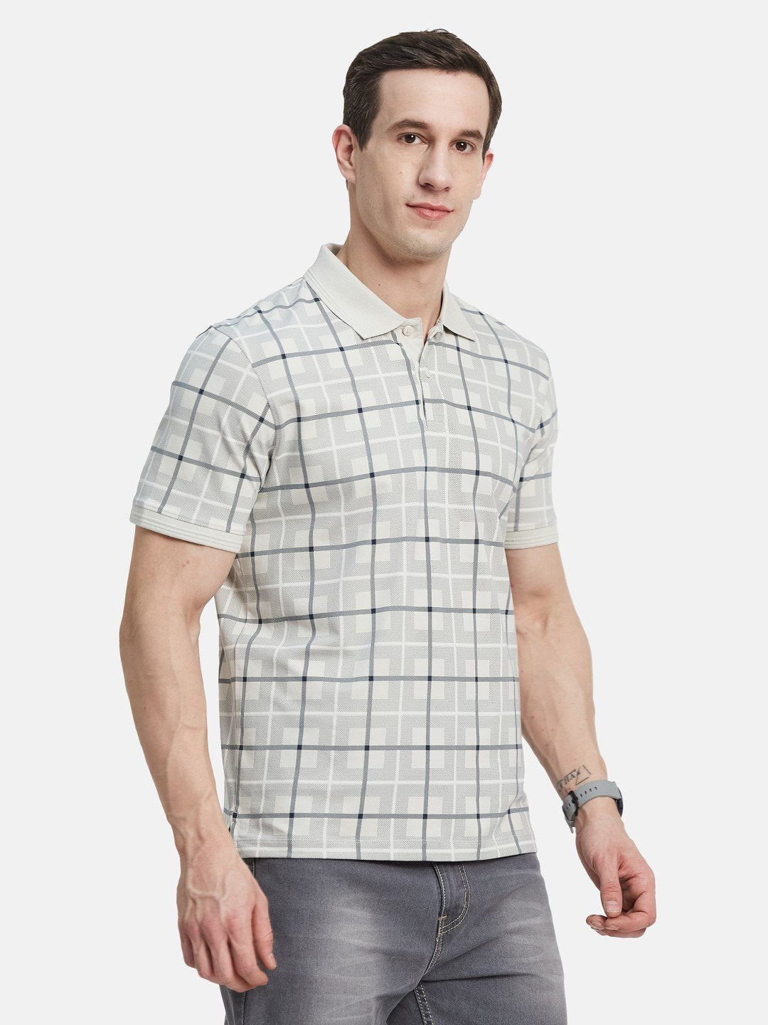 AOP CHECK  PRINT POLO NECK SINGLE JERSEY KNITLYCRA T-SHIRT