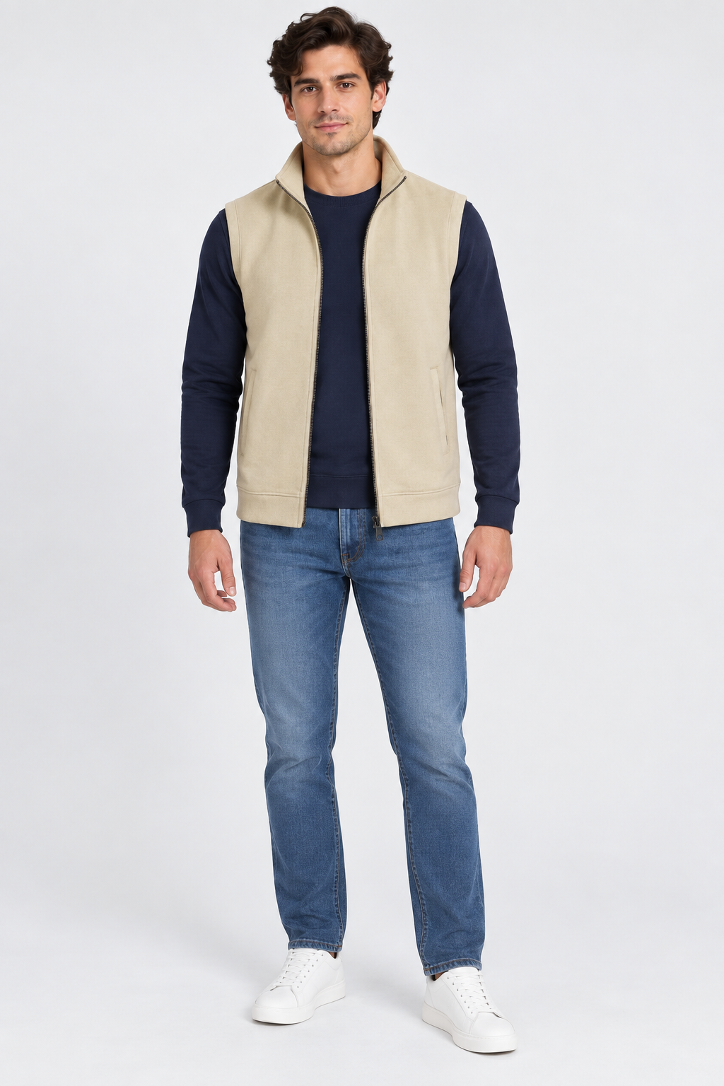 Men’s Natural Melange German Velvet Knitted Gilet – Regular Fit Full Zip Sleeveless Jacket