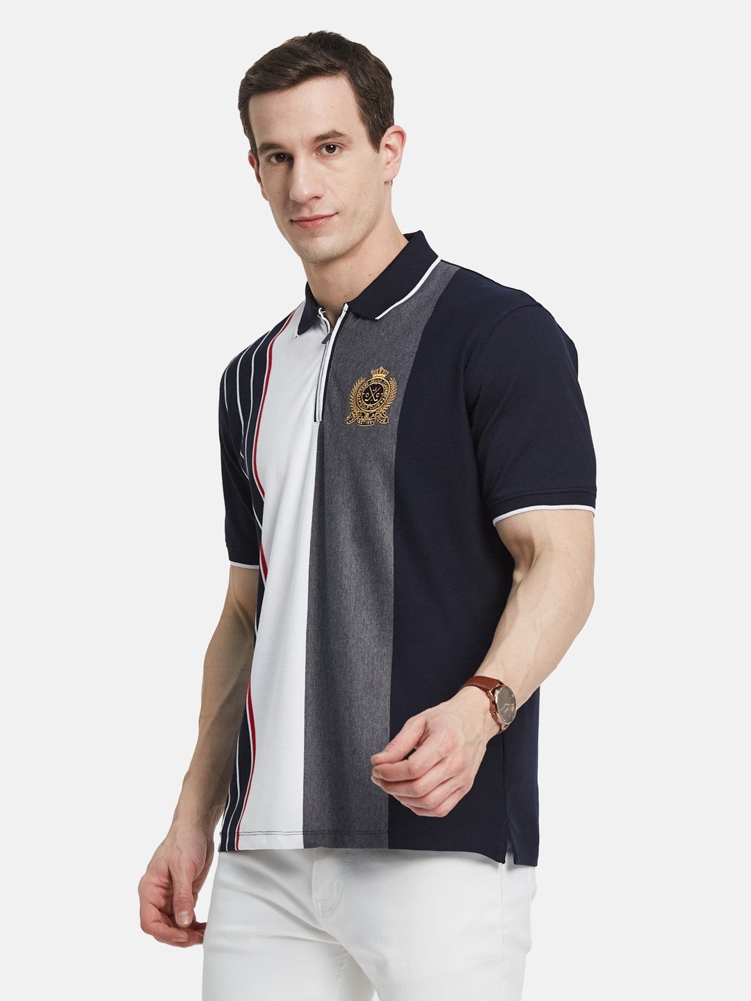 VERTICAL STRIPE HALF-ZIP POLO NECK PIQUE LYCRA T-SHIRT